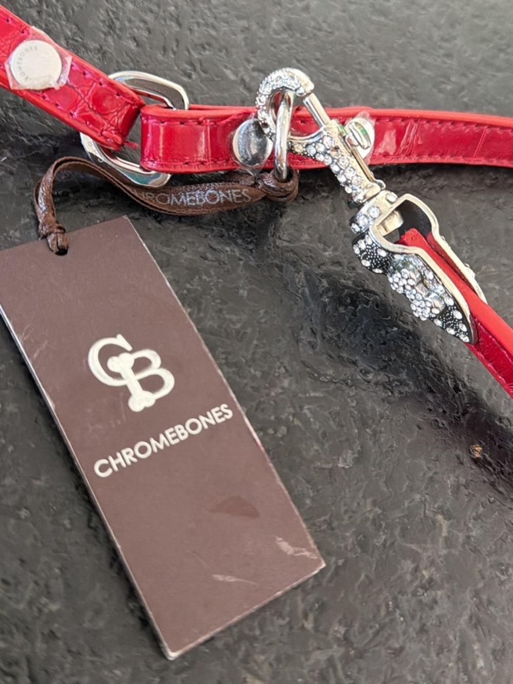 Chrome Bones Red Leather & Rhinestone Dog Leash
